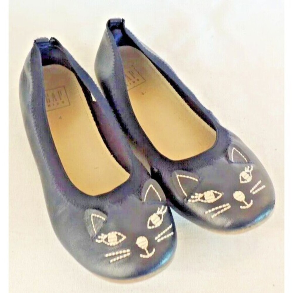 Gap Ballet Flats Kids Size 4 Navy Blueβ Cat Face Embroidered Whimsical Preppy